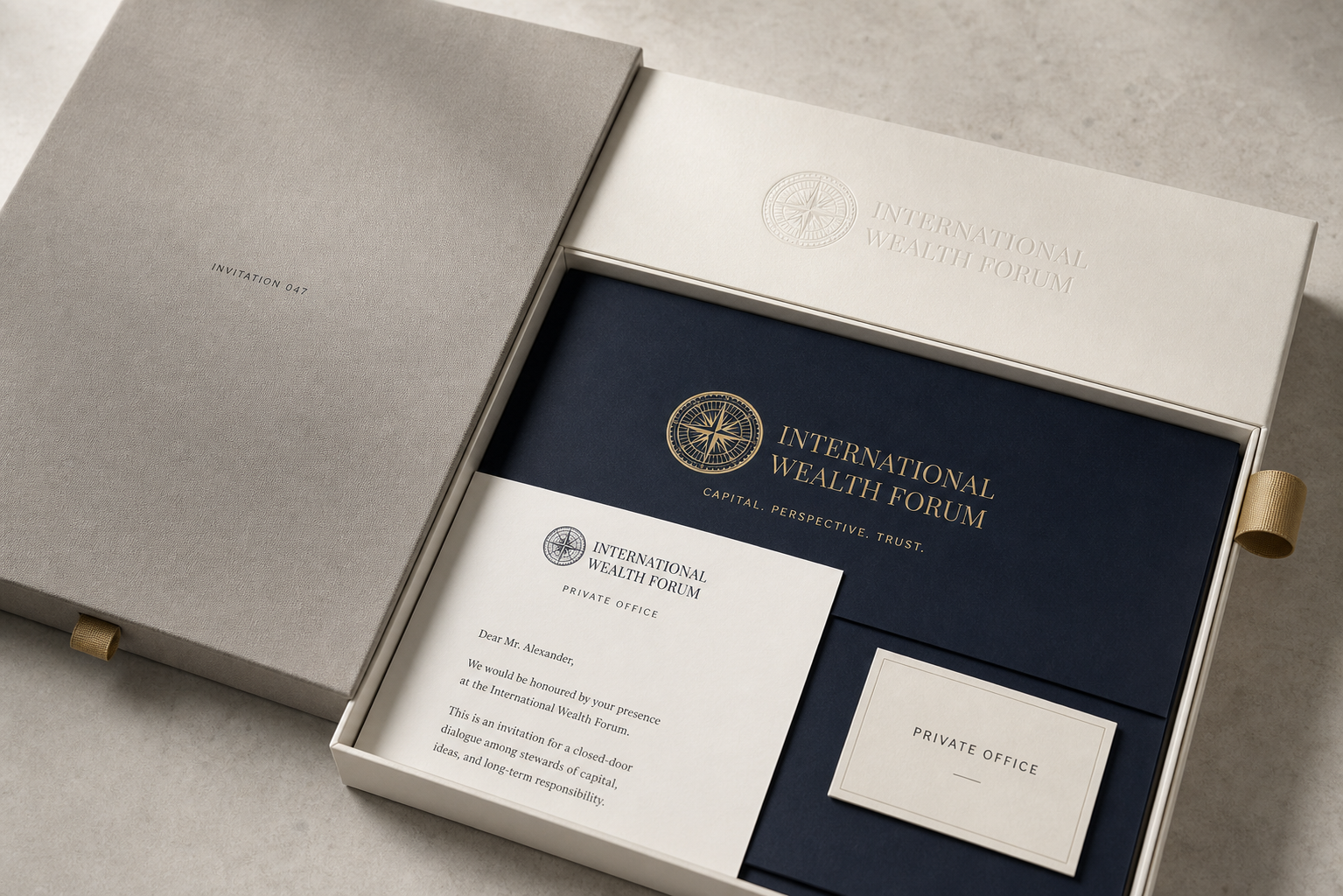 Invitation box and private correspondence of the International Wealth Forum